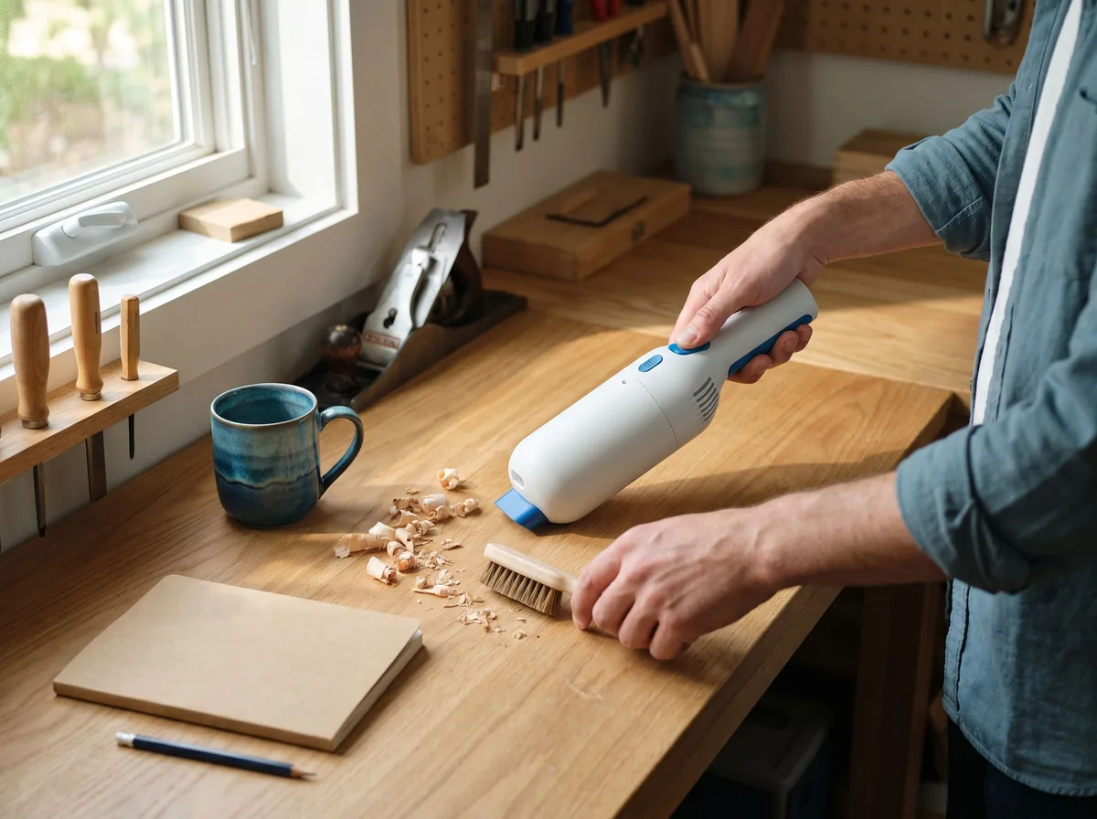 Une cuisine baignée de lumière, un aspirateur à main à portée de main
