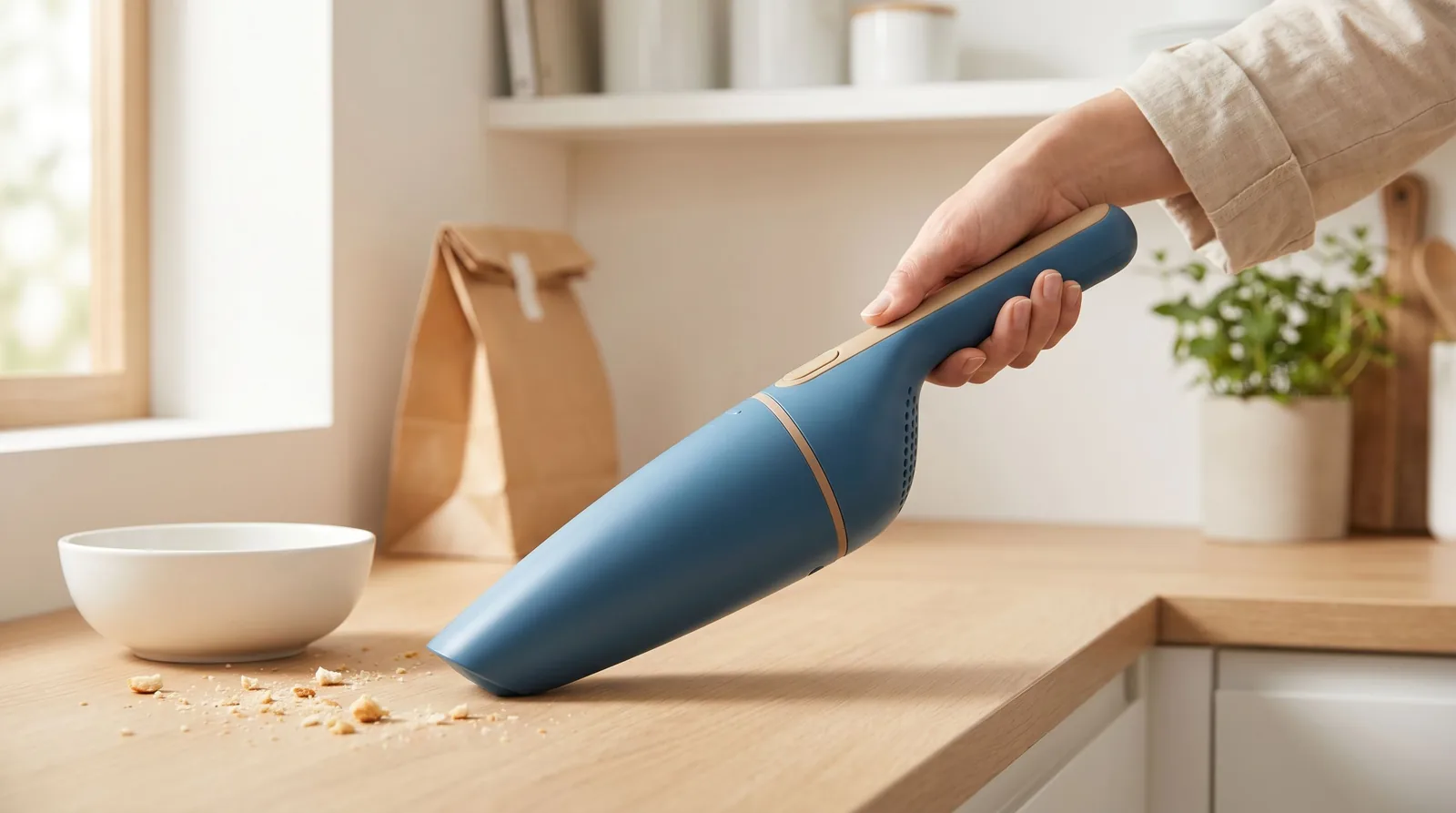 Aspirateur à main bleu sur un comptoir de cuisine au matin